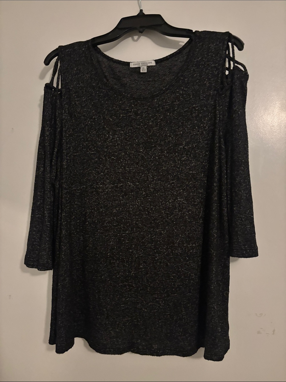 Green Envelope Black Heathered Cold-Shoulder Knit Top